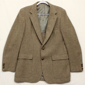 Sterling Hunt Blazer Men 42 100% Pure Virgin Wool Houndstooth Tweed Tan VTG